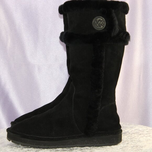 Michael Kors Black Suede Shearling Mid-Calf Winter Boots MK Logo Women’s - Picture 1 of 8